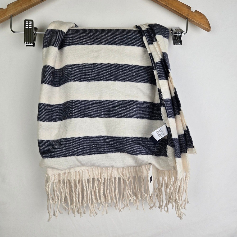 Gap Navy Blue Cream Striped Oversized Scarf Fringe Trim Nautical One Size NEW